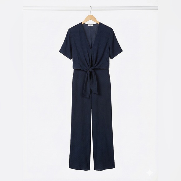Sandro Paris El Dukie Marine Navy Blue Polka Dot Jumpsuit Tie Front Wide Leg 38